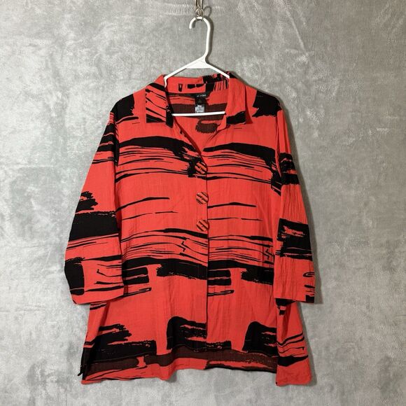 Ali Miles Tunic XL Abstract Red Black Button Artsy Lagenlook Sleeve 3/4 Top - Picture 1 of 7